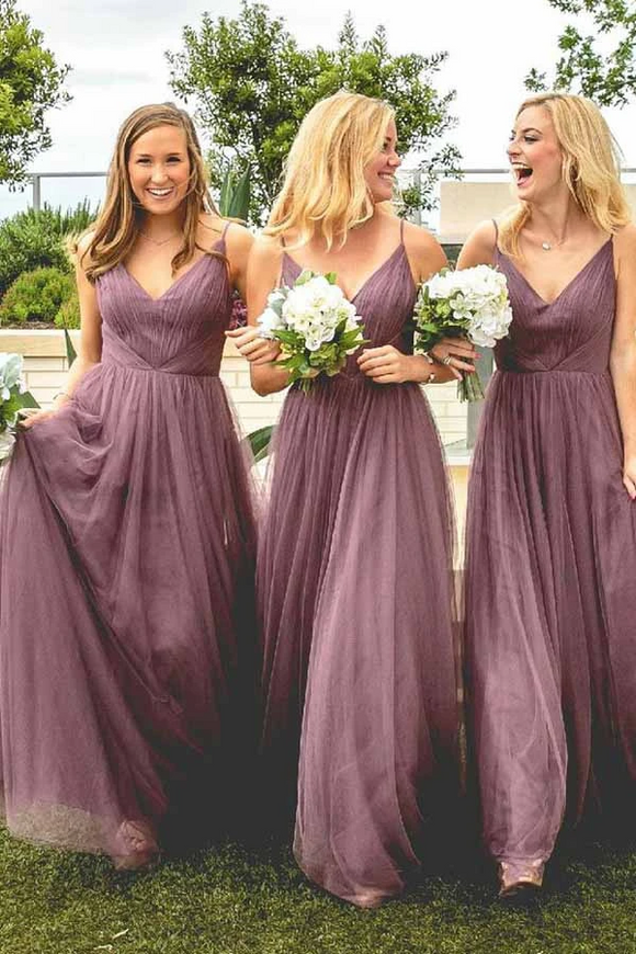 Anneprom A-Line Spaghetti Straps Floor-Length Light Purple Bridesmaid Dress APB0084