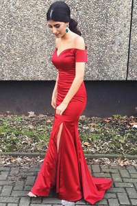 Anneprom Gorgeous Red Long Prom Dress Off-Shoulder With Side Slit APP0150