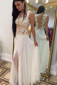 Anneprom Floor-Length Chiffon Sleeveless Beaded Appliques White Prom Dress APP0151