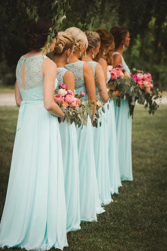 Anneprom A-Line V-Neck Floor-Length Mint Chiffon Bridesmaid Dress With Lace APB0088