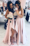 Anneprom A-Line Spaghetti Straps Low-Cut Pink Satin Bridesmaid Dress With Split APB0091