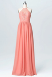 Anneprom Halter Lace Long Chiffon Cheap Peach Bridesmaid Dresses APB0094