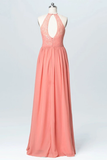 Anneprom Halter Lace Long Chiffon Cheap Peach Bridesmaid Dresses APB0094