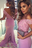 Anneprom Mermaid Off-The-Shoulder Train Satin Prom Dress With Appliques Lace APP0157