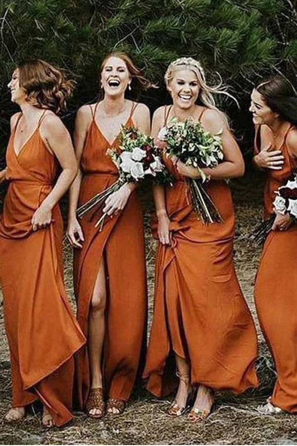 Anneprom Straps A-Line V-Neck Orange Chiffon Bridesmaid Dress With Split APB0096