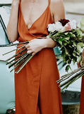 Anneprom Straps A-Line V-Neck Orange Chiffon Bridesmaid Dress With Split APB0096