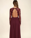 Anneprom V-Neck Long Sleevs Dark Burgundy Lace Chiffon Prom Dress Evening Dress APP0161