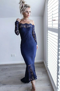 Anneprom Mermaid Off-The-Shoulder Navy Blue Bridesmaid Dress With Lace APB0099