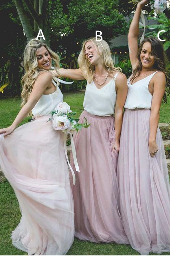 Anneprom Gorgeous Two Piece Pink Tulle Long Bridesmaid Dress With White Top APB0100