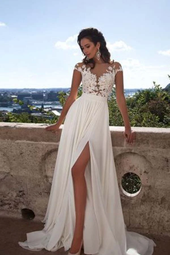 Anneprom Top Lace Appliques Side Slit Chiffon Cheap Party Evening Prom Dresses APP0165