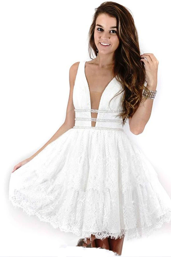 Anneprom Deep Neck Short Prom Dress White Lace Homecoming Dress APP0166