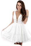 Anneprom Deep Neck Short Prom Dress White Lace Homecoming Dress APP0166