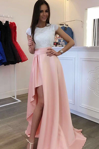 Anneprom Sleeves Detachable Train Pearl Pink Prom Dress Evening Dress With Lace APP0168
