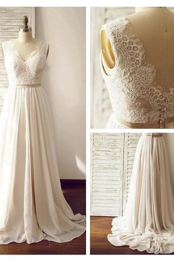 Anneprom V-Neck Sleeveless Open Back Wedding Dress With Lace Sash APW0005