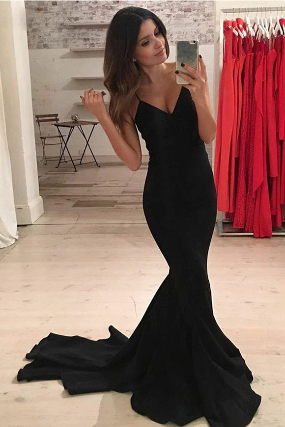 Anneprom Mermaid Spaghetti Straps Sweep Train Black Satin Prom Dress APP0169