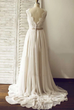 Anneprom V-Neck Sleeveless Open Back Wedding Dress With Lace Sash APW0005