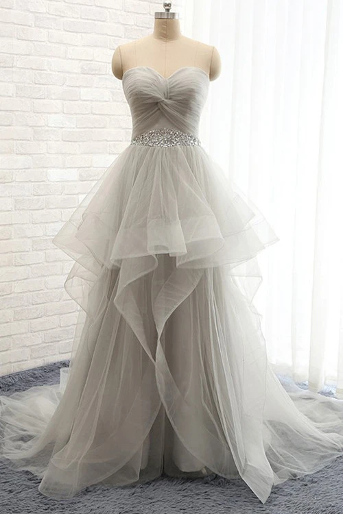 Anneprom Sweetheart Long Tulle Grey Wedding Dresses With Beading APW0009