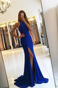 Anneprom Elegant Royal Blue Mermaid Evening Dress Slit Prom Dress APP0173