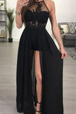 Anneprom A-Line Halter Black Chiffon Sexy Long Prom Dresses Evening Dress APP0175