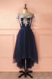Anneprom Cute Dark Blue Tulle Lace High Low Prom Dress Evening Dresses APP0176