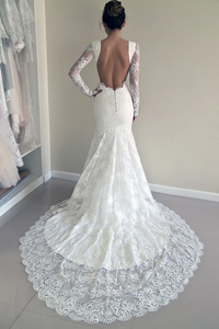 Anneprom High Quality Scoop Open Back Mermaid Wedding Dress With Long Sleeves APW0012