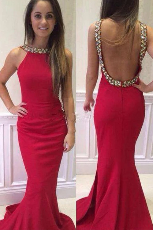 Anneprom Mermaid O-Neck Red Satin Backless Prom Dress Evening Dress APP0029