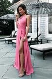 Anneprom A-Line Round Neck Floor-Length Keyhole Pink Prom Dress With Split APP0179