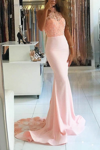 Anneprom Mermaid High Nack Sweep Train Pink Satin Prom Dress With Beading Lace APP0181