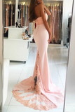 Anneprom Mermaid High Nack Sweep Train Pink Satin Prom Dress With Beading Lace APP0181