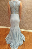 Anneprom Mermaid Square Neck Sweep Train Blue Lace Prom Dress With Beading APP0182