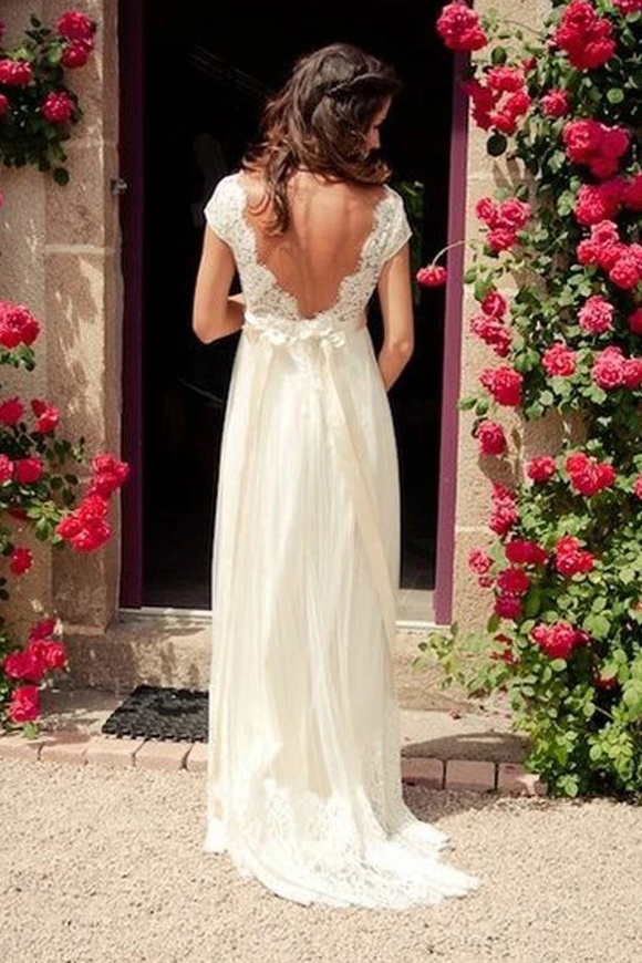Anneprom V-Neck Cap Sleeves Sweep Train Backless Wedding Dress With Sash APW0018