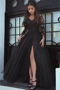 Anneprom Slit Glamorous Lace Black Long-Sleeve Evening Dress Prom Dress APP0185