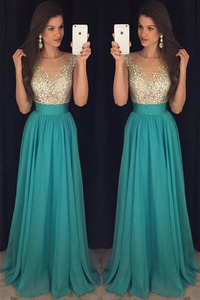 Anneprom Crystal Long Floor-Length Scoop Chiffon Elegant Prom Dress APP0194
