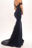 Anneprom Mermaid Off The Shoulder Navy Blue Prom Dress Evening Dresses With Sash APP0031