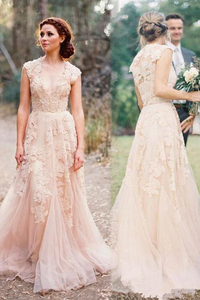 Anneprom High Quality V-Neck Sleeveless Floor-Length Wedding Dress With Lace APW0022