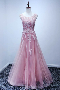 Anneprom Scoop Floor-Length Pink Tulle Open Back Prom Dress With Appliques APP0196