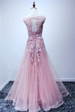 Anneprom Scoop Floor-Length Pink Tulle Open Back Prom Dress With Appliques APP0196