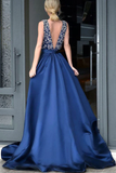 Anneprom V-Neck Royal Blue Satin Beading Prom Dresses With Sweep Train APP0197