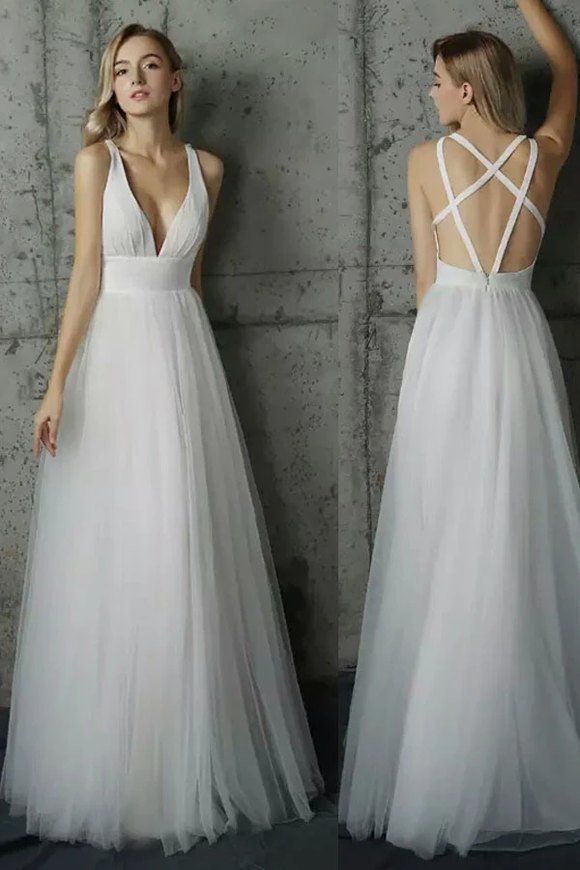 Anneprom Simply V Neck White Tulle Long Prom Dress APP0198