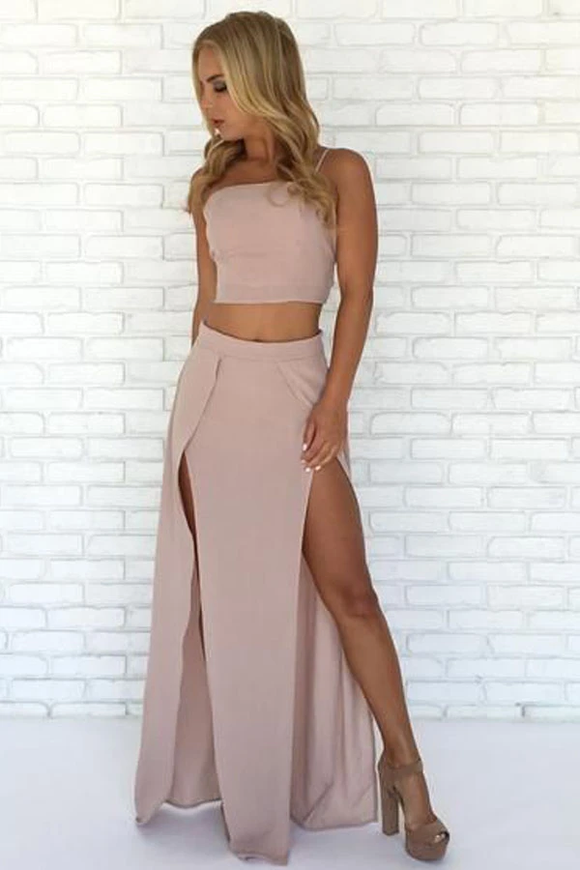 Anneprom Special Two Piece Straps Long Prom Dress With Slit APP0199