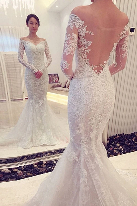 Anneprom Charming Off The Shoulder Long Sleeves Lace Mermaid Wedding Dress APW0025