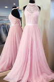 Anneprom A-Line Halter Floor-Length Pink Tulle Prom Dresses With Sash Lace APP0204