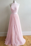 Anneprom A-Line Halter Floor-Length Pink Tulle Prom Dresses With Sash Lace APP0204