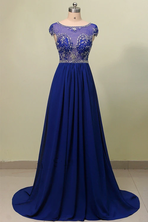 Anneprom Scoop Court Train Chiffon Blue Prom Dress With Beading APP0014