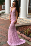 Anneprom Mermaid Deep V-Neck Floor Length Lace Prom Dresses With Beading APP0205