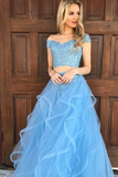 Anneprom Two Piece Off The Shoulder Sky Blue Organza Prom Dress With Appliques APP0206