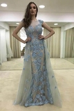 Anneprom Sheath Illusion Round Neck Blue Tulle Prom Dresses With Appliques APP0207
