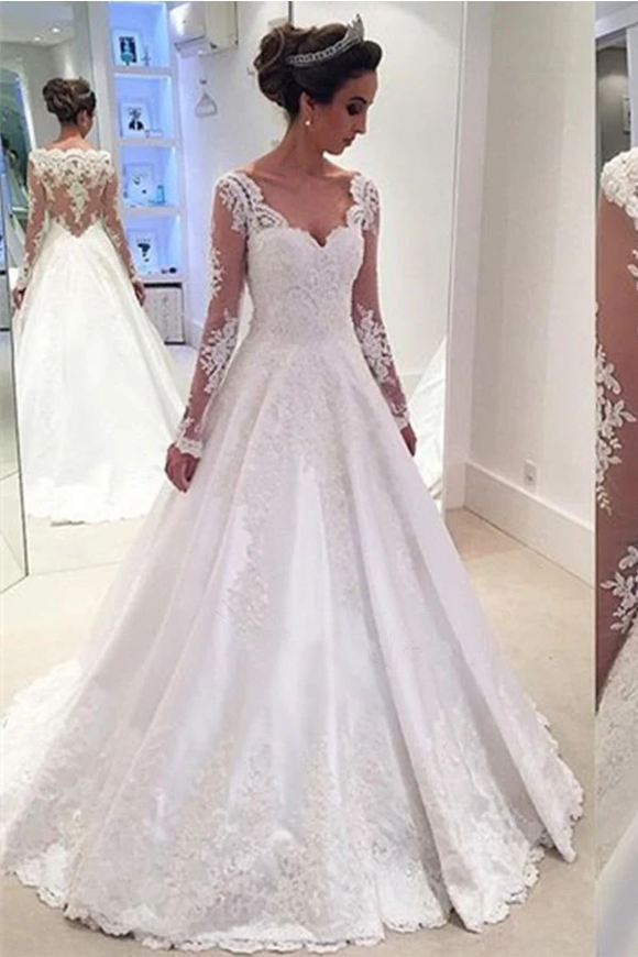 Anneprom Charming V Neck Appliques A Line Wedding Dress With Long Sleeves APW0030