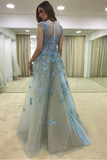 Anneprom Sheath Illusion Round Neck Blue Tulle Prom Dresses With Appliques APP0207