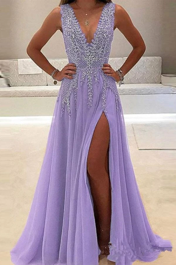 Anneprom Deep V-Neck Sweep Train Sleeveless Tulle Prom Dress With Beading APP0208